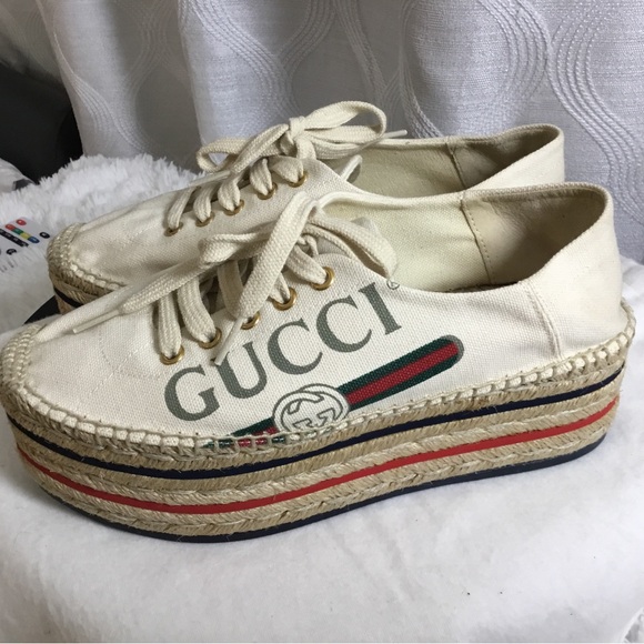 Gucci Shoes - Gucci Cream Canvas Platform Espadrille Sneakers with Web Stripe